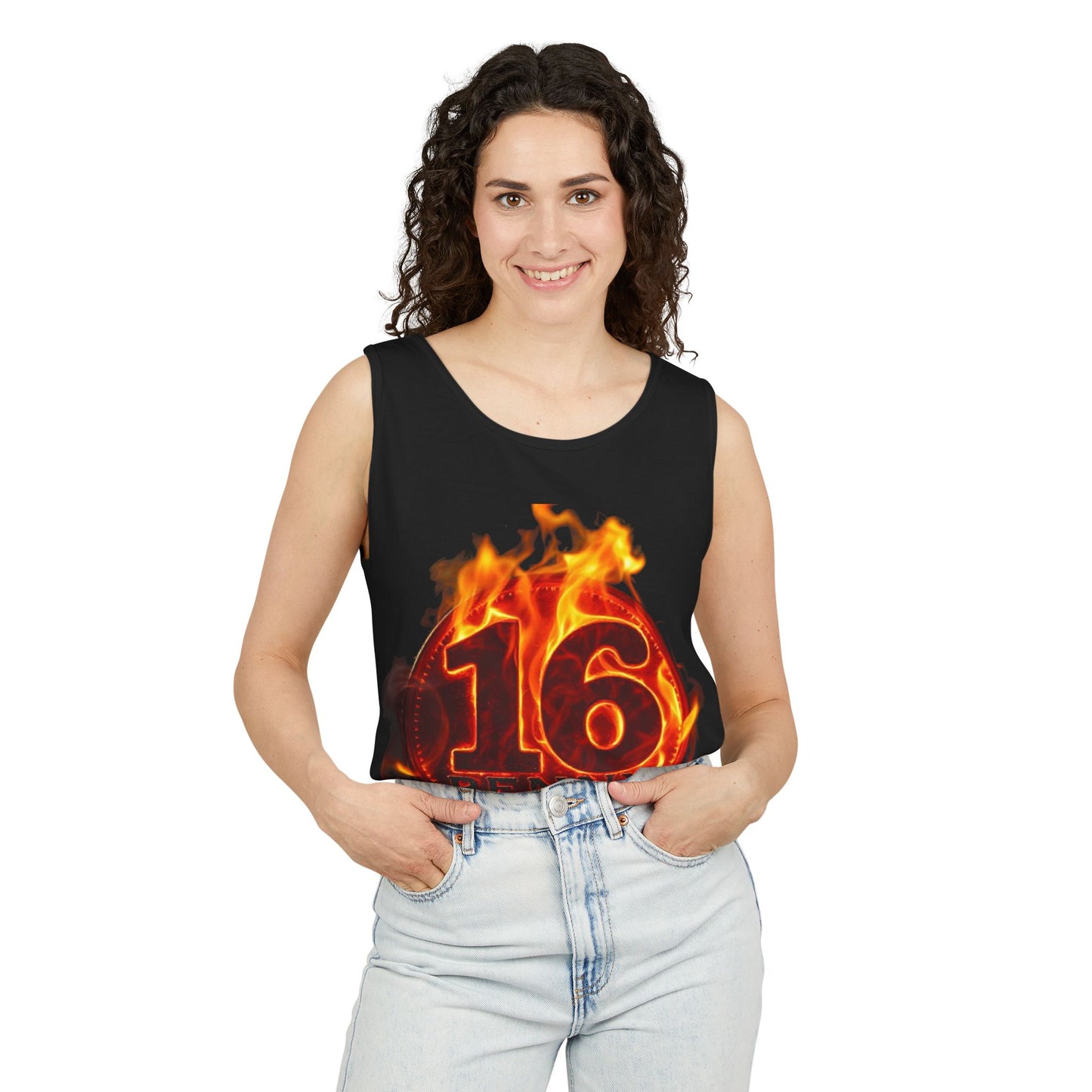 Unisex Fire-Themed Tank Top - 16 Penny Design, Casual Summer Wear, Festival Apparel, Unique Gift Idea, Unisex Summer Shirt