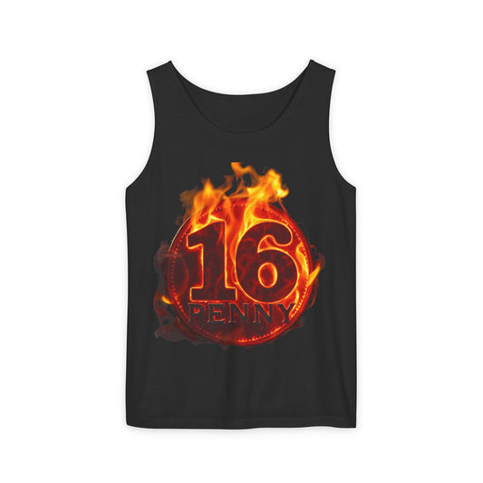 Unisex Fire-Themed Tank Top - 16 Penny Design, Casual Summer Wear, Festival Apparel, Unique Gift Idea, Unisex Summer Shirt